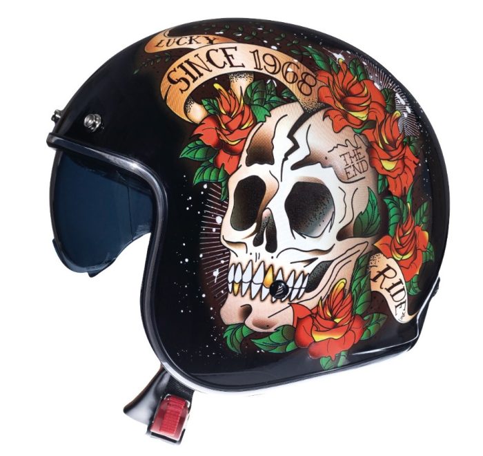 Casca open face motociclete MT Le Mans 2 SV Skull & Rose A1 negru/rosu lucios (ochelari soare integrati)