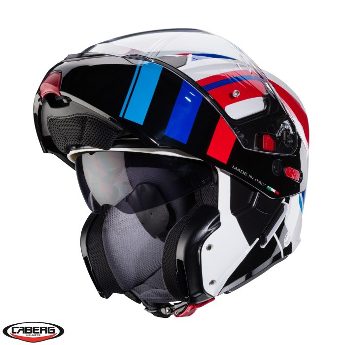 Casca modulabila (flip-up) Caberg model Horus X Road M6 alb/rosu/albastru lucios Pinlock ready