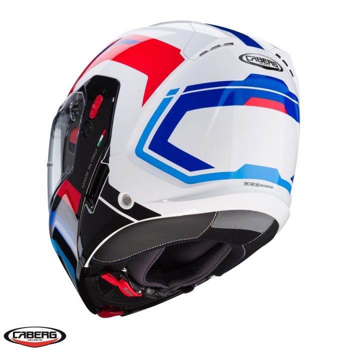 Casca modulabila (flip-up) Caberg model Horus X Road M6 alb/rosu/albastru lucios Pinlock ready