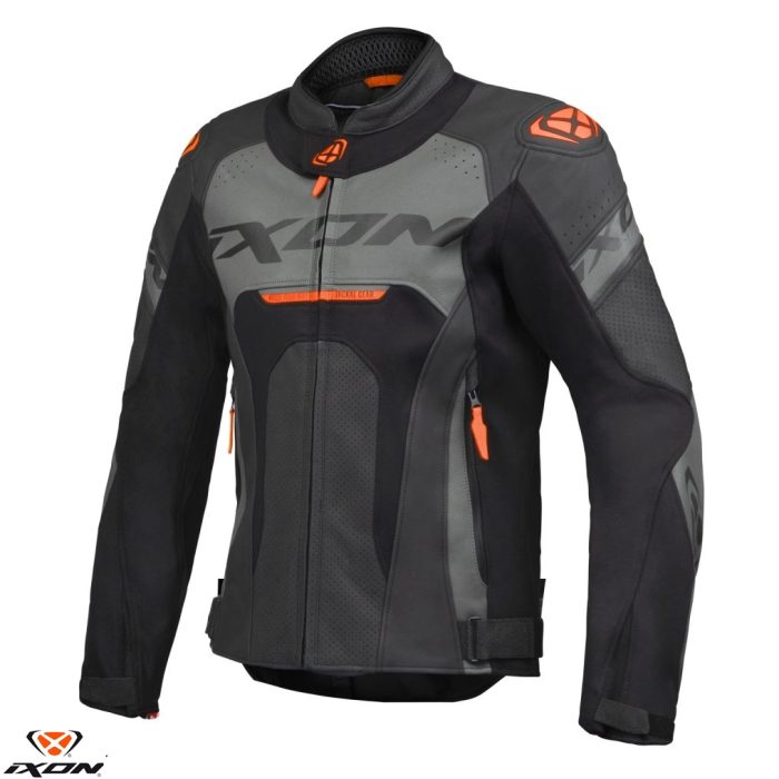 Geaca (jacheta) motociclete barbati piele Racing Ixon vara model Jackal JKT MS culoare: negru/antracit/portocaliu